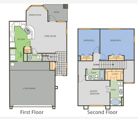 Floor plan for 3 beds, 2.5 baths, 1387 sqft